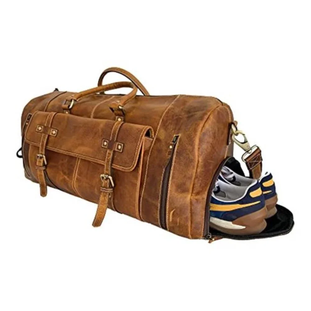 Men's Leather Duffle Bag, Distressed Tan, 28 Inch